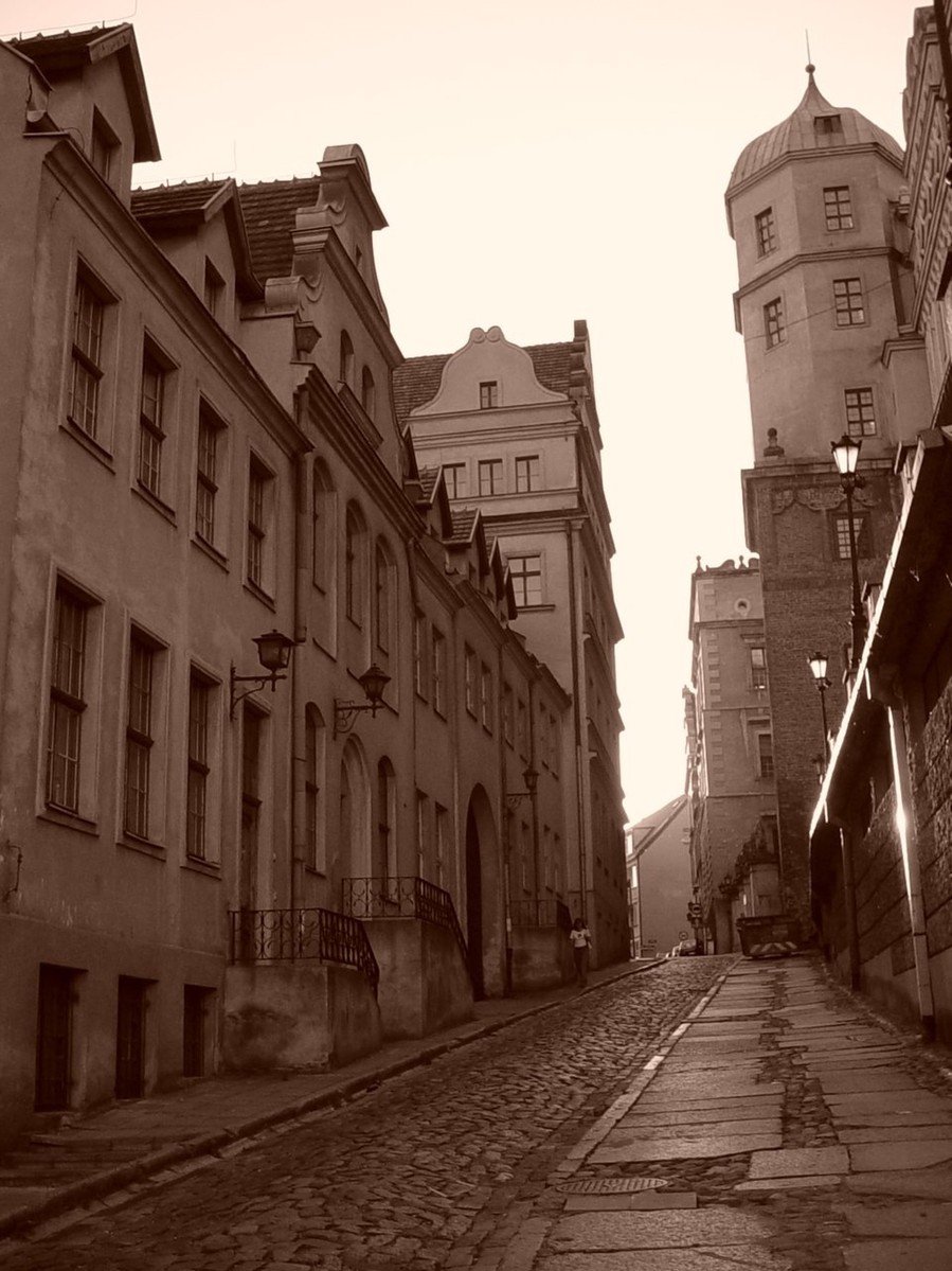 a deserted alleyway with buildings and cobblestones in the middle of it