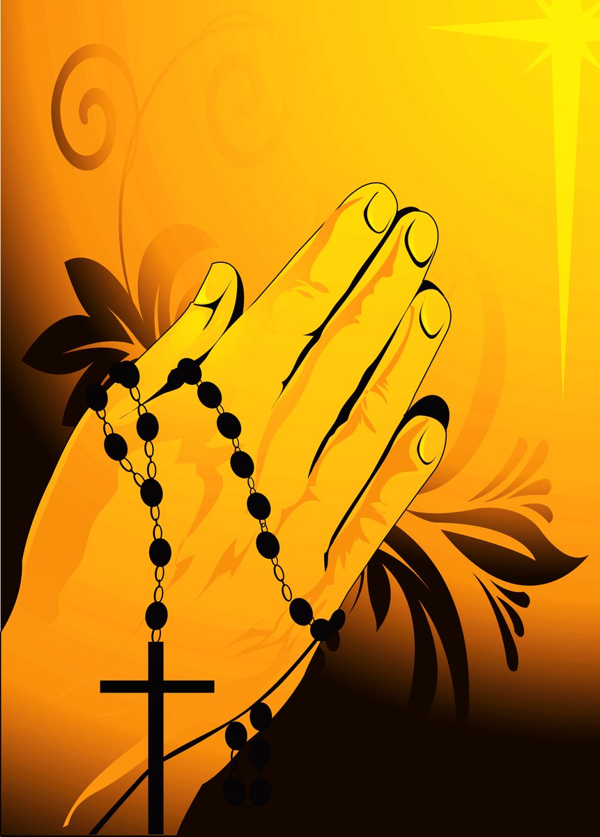 an orange background with a rosary, flowers and the cross