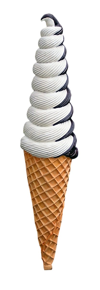 a large ice cream cone with some kind of black and white swirl