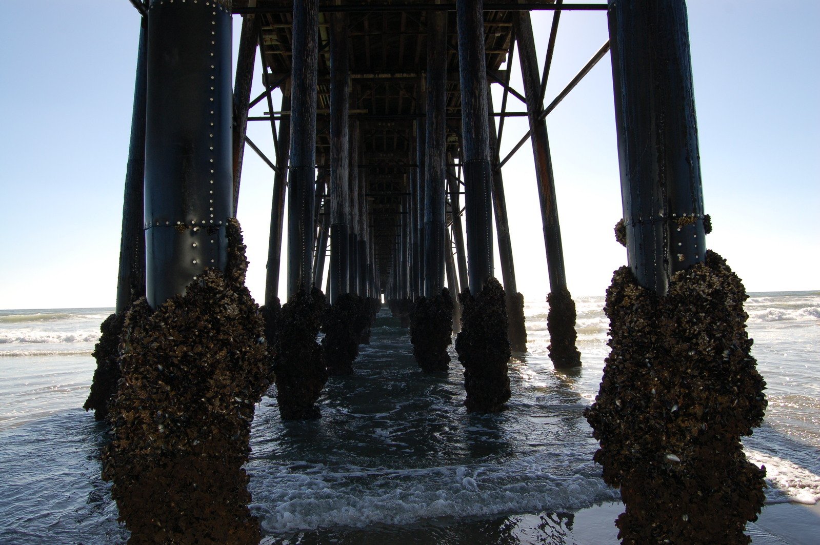 the view from under the pier looking out on the water