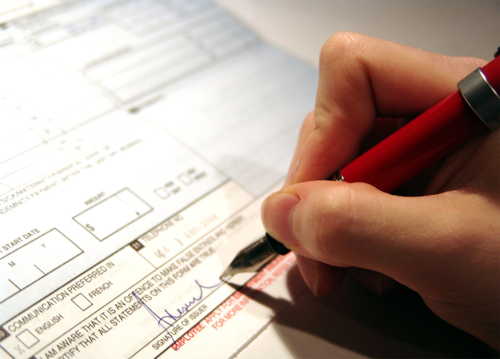 a person filling out the form for a document with a pen