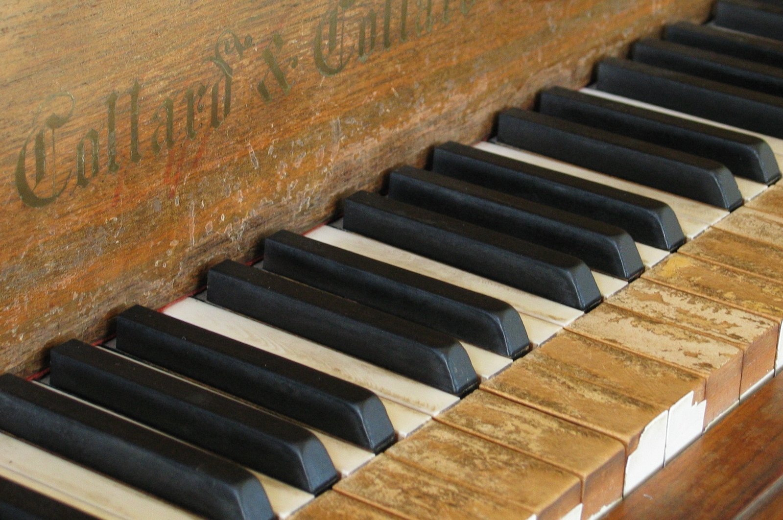 the keys of a old piano are showing