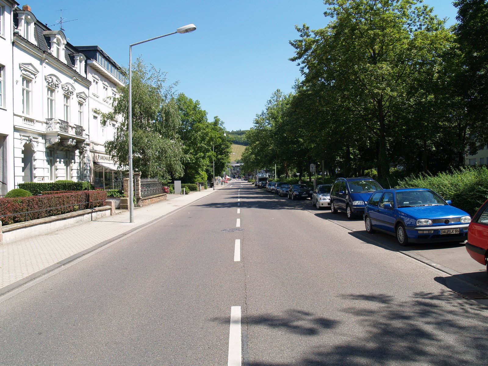 a road surrounded by trees and building near street