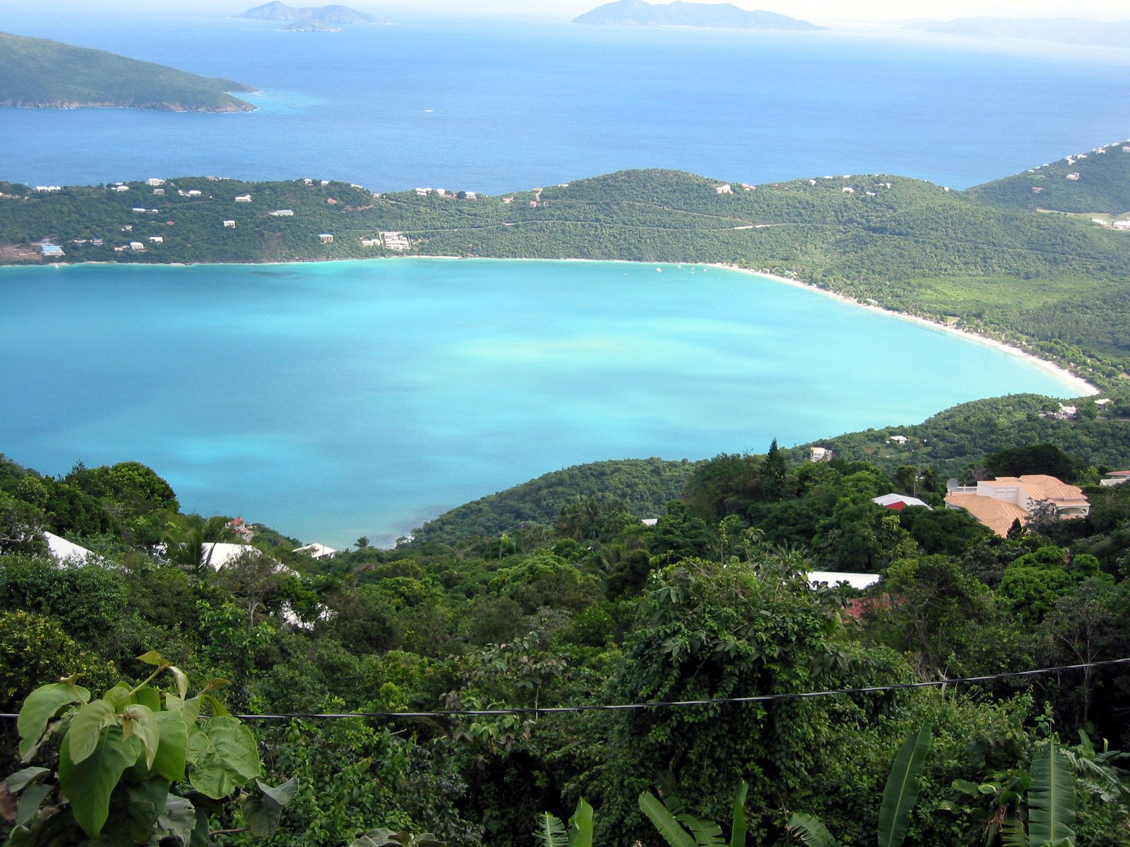 a blue bay surrounded by trees on top of a hill