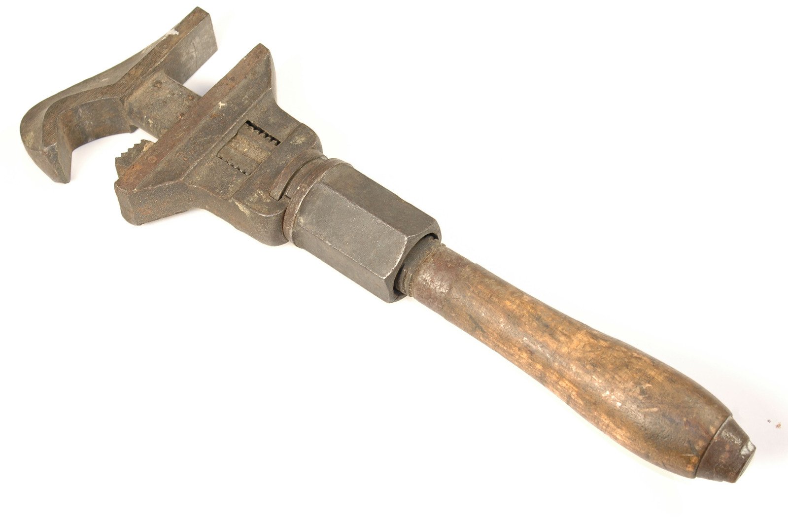 an old rusted wooden knife with wood handle on a white background
