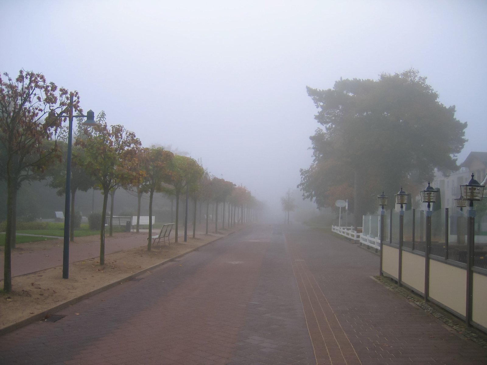 fog rolls in from behind the fence on a residential street