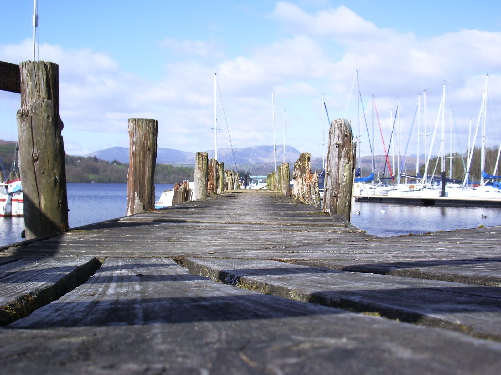 a pier is near many docked boats and is partly submerged in water