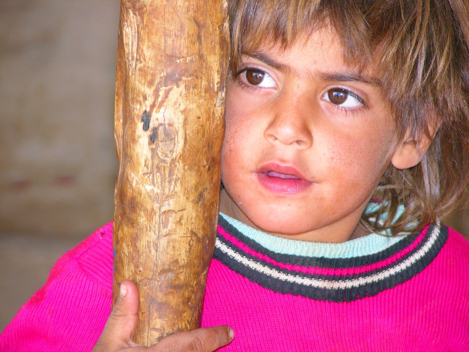 a girl holding a wooden bat and a big stick