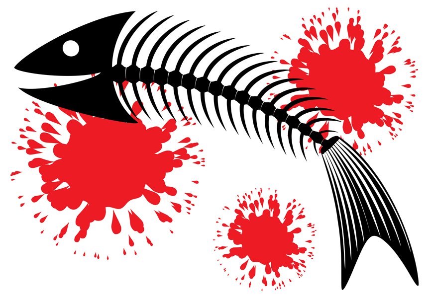 a fish skeleton with red  splatters