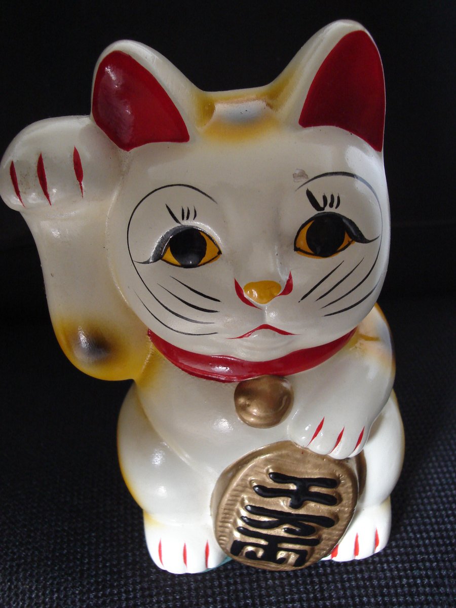a white kitty toy with an oriental writing sign below it