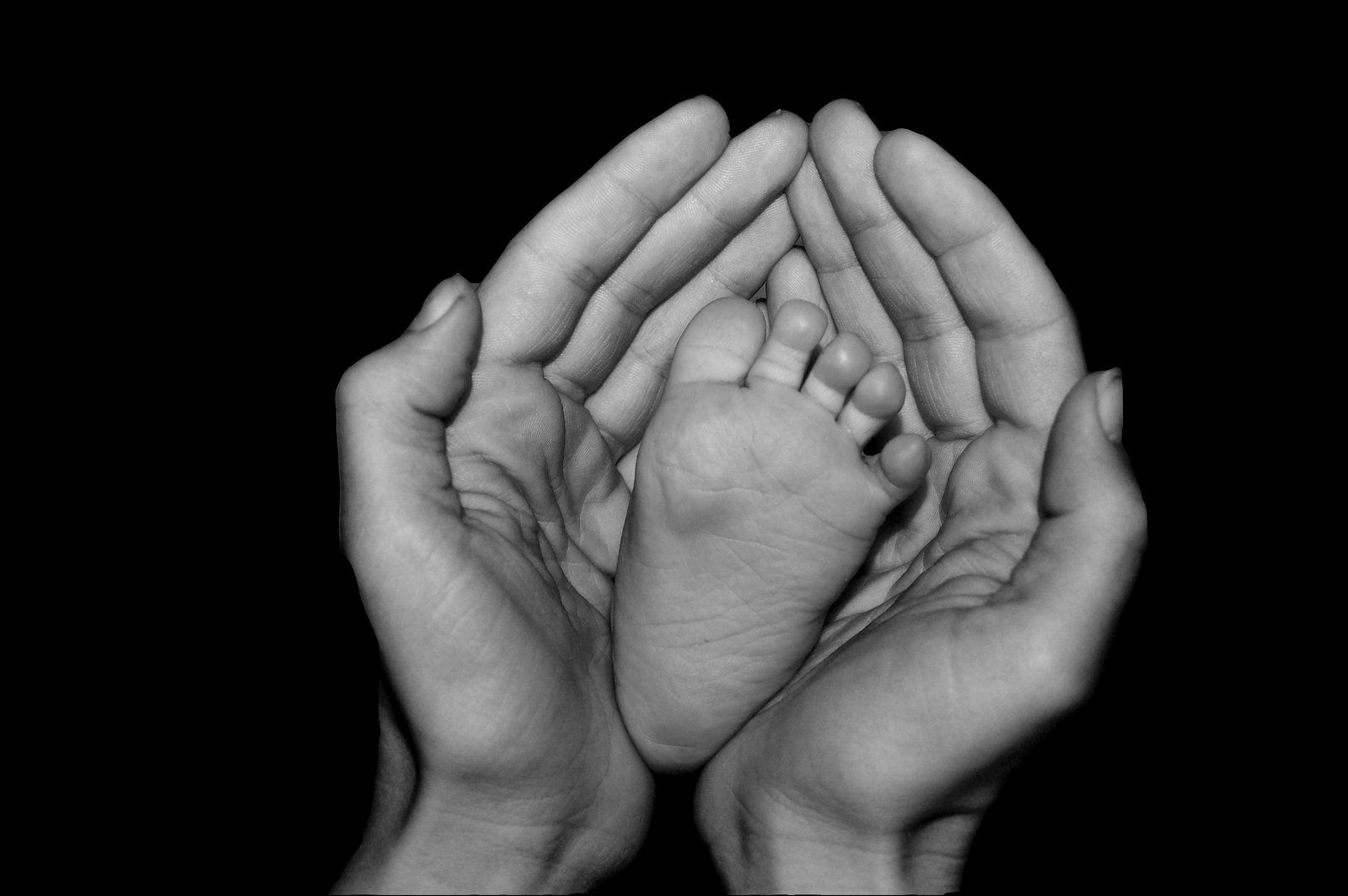 the black and white image shows two hands holding a baby's foot