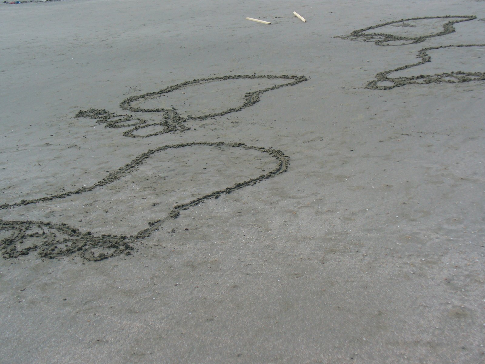 there is a drawing on the sand with a dog in it