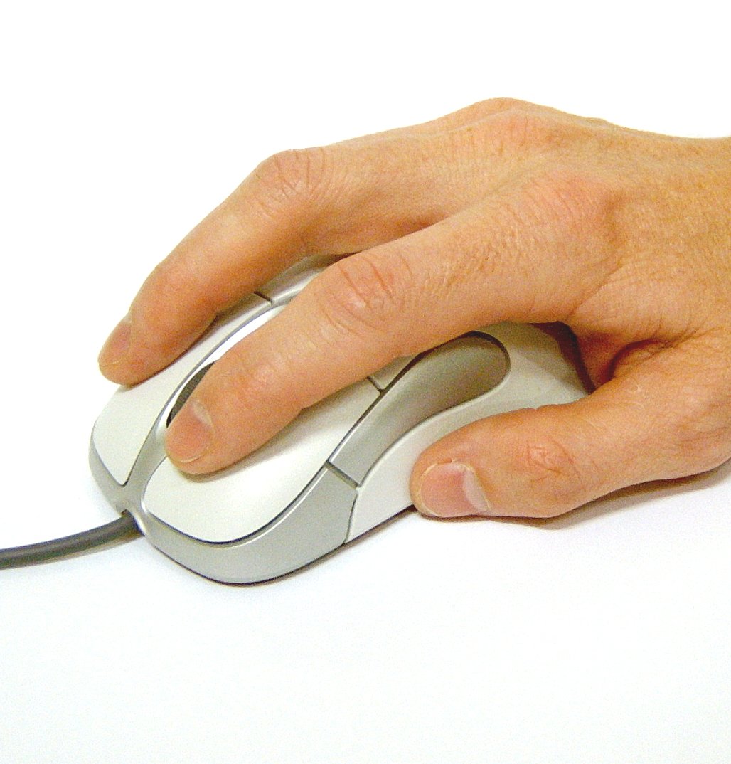 the person's hand is resting on the mouse