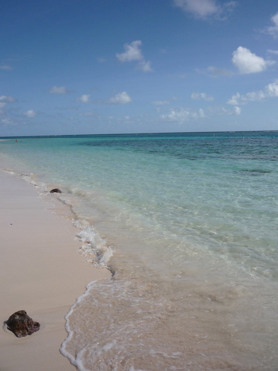 a sandy beach with ocean water and a rock