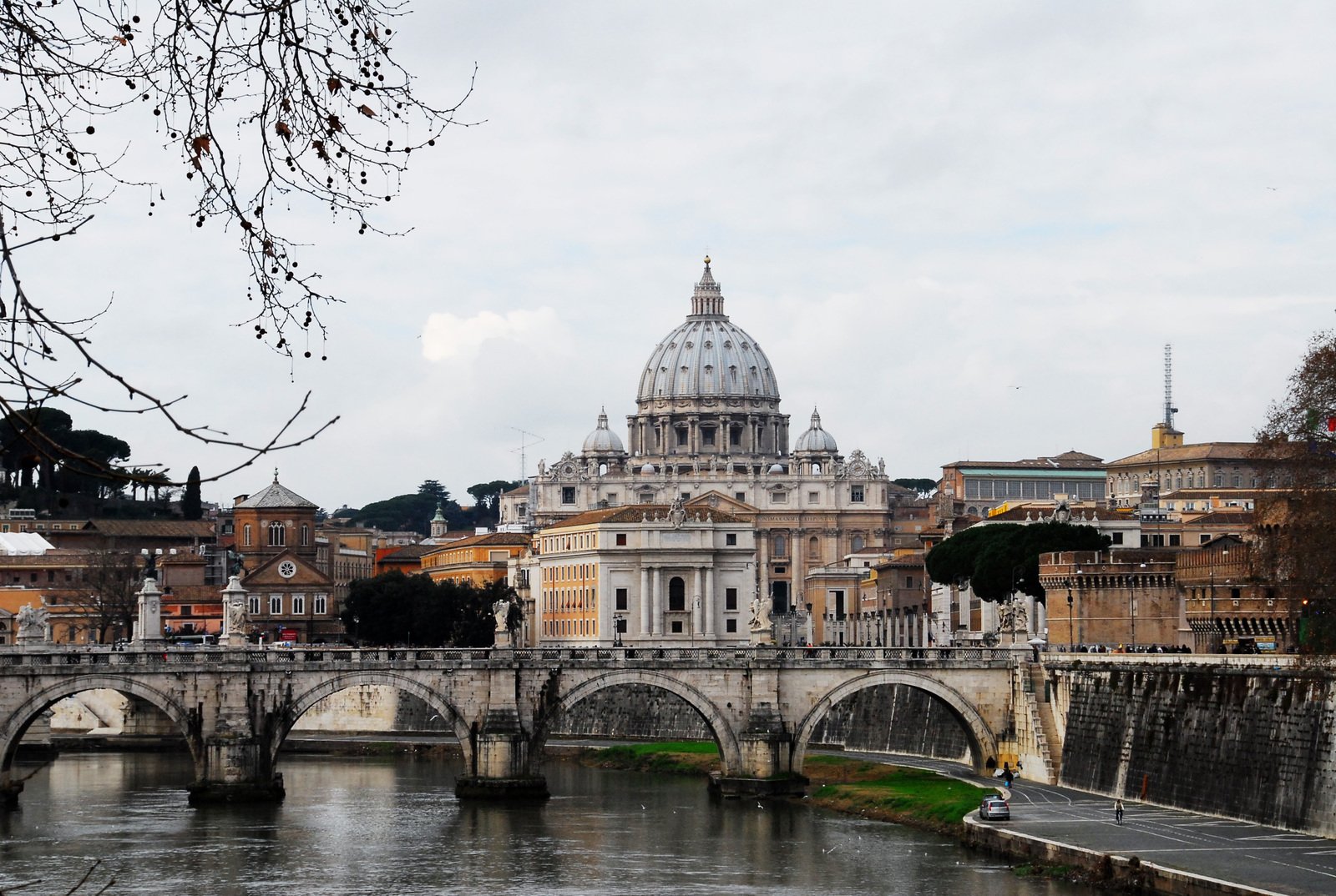 the view of a city with a bridge, buildings and trees