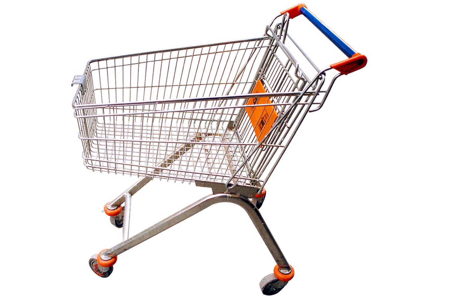 the shopping cart is on wheels and has two orange balls in it