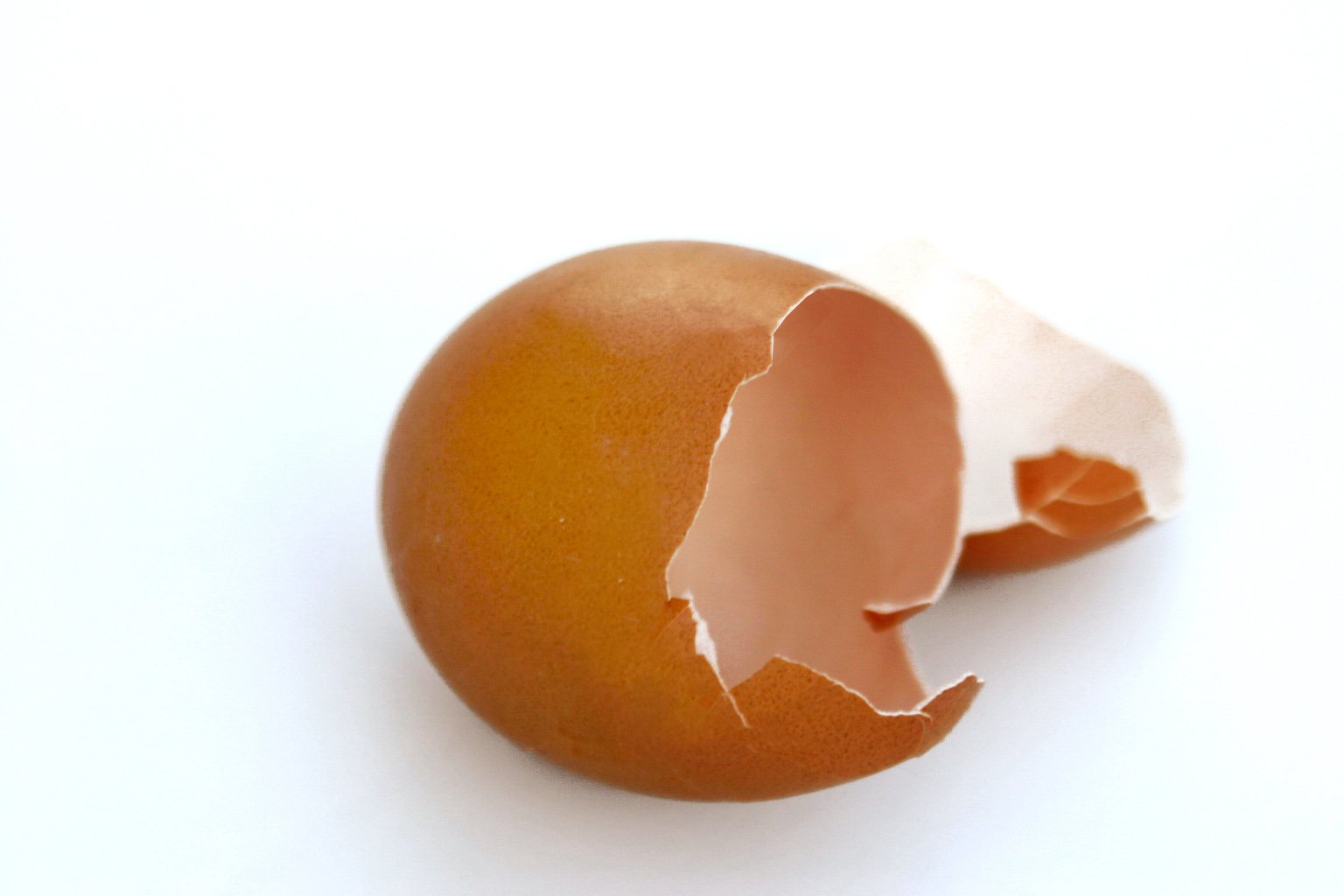 an egg has been ed open on a white surface