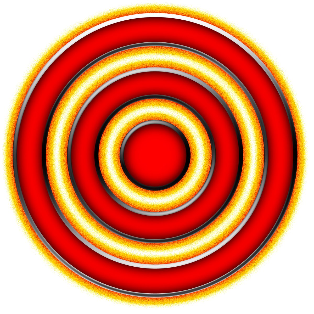 a red and yellow background with a large round object