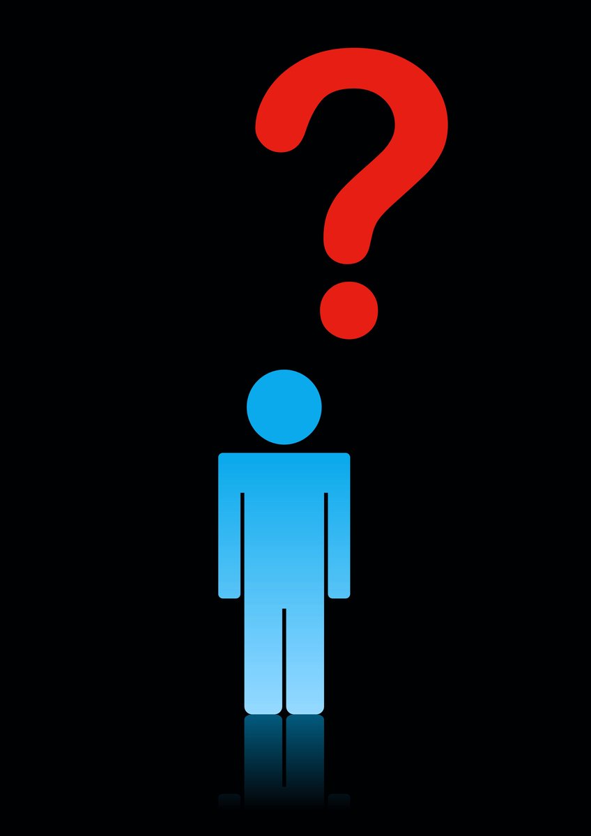 a blue man stands in front of a red question mark