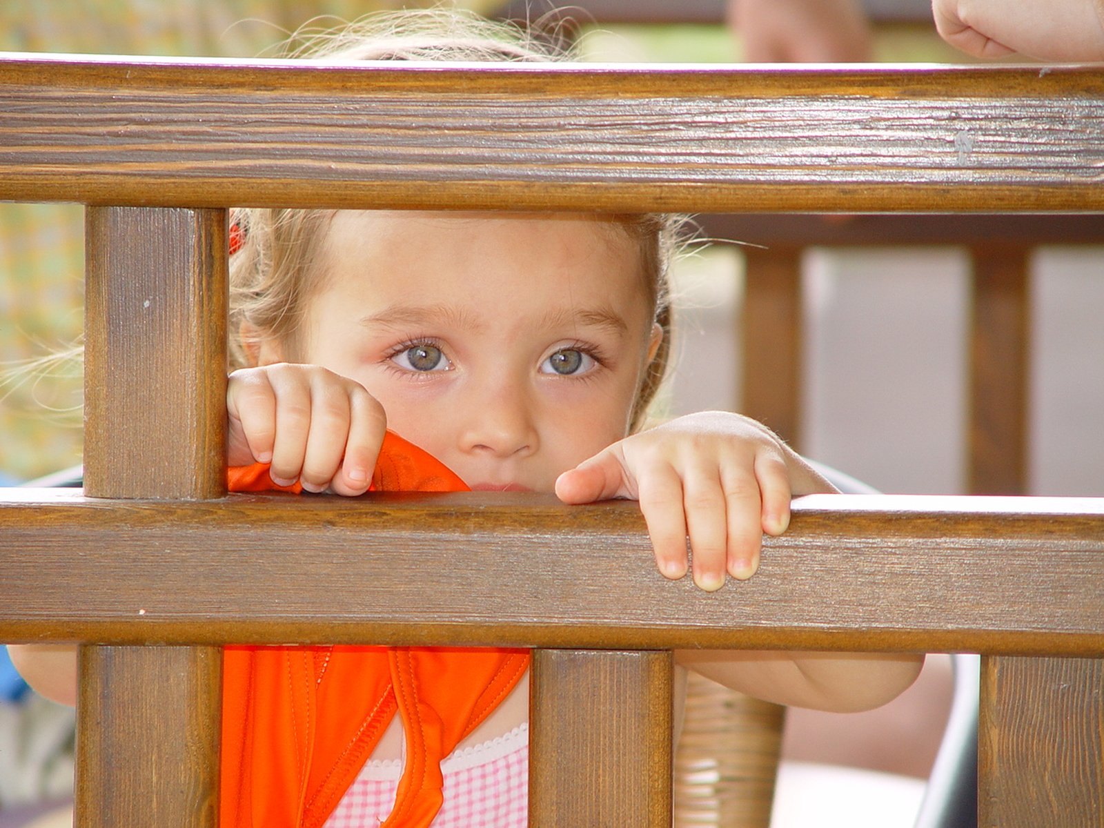 a small girl is standing behind a fence