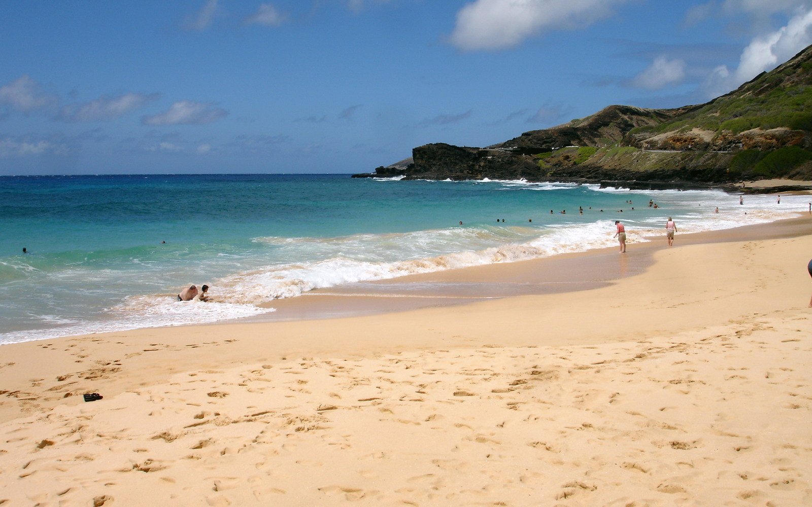 a couple of people walking along a beach by the ocean