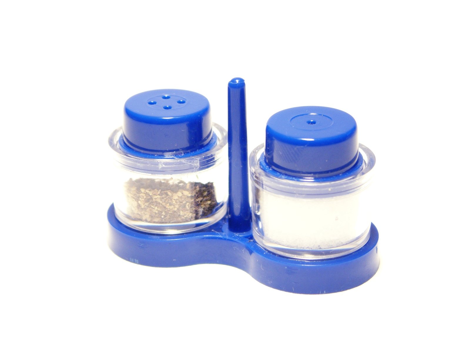 two spices on a blue holder are in blue plastic