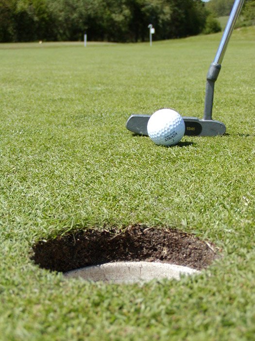 a hole is put in the grass in front of a golf clubs