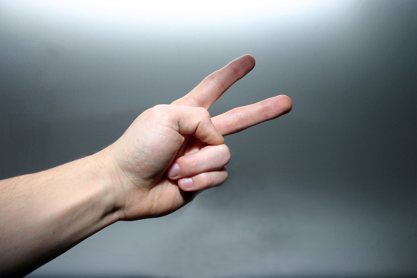 a hand holding a sign with a gray background