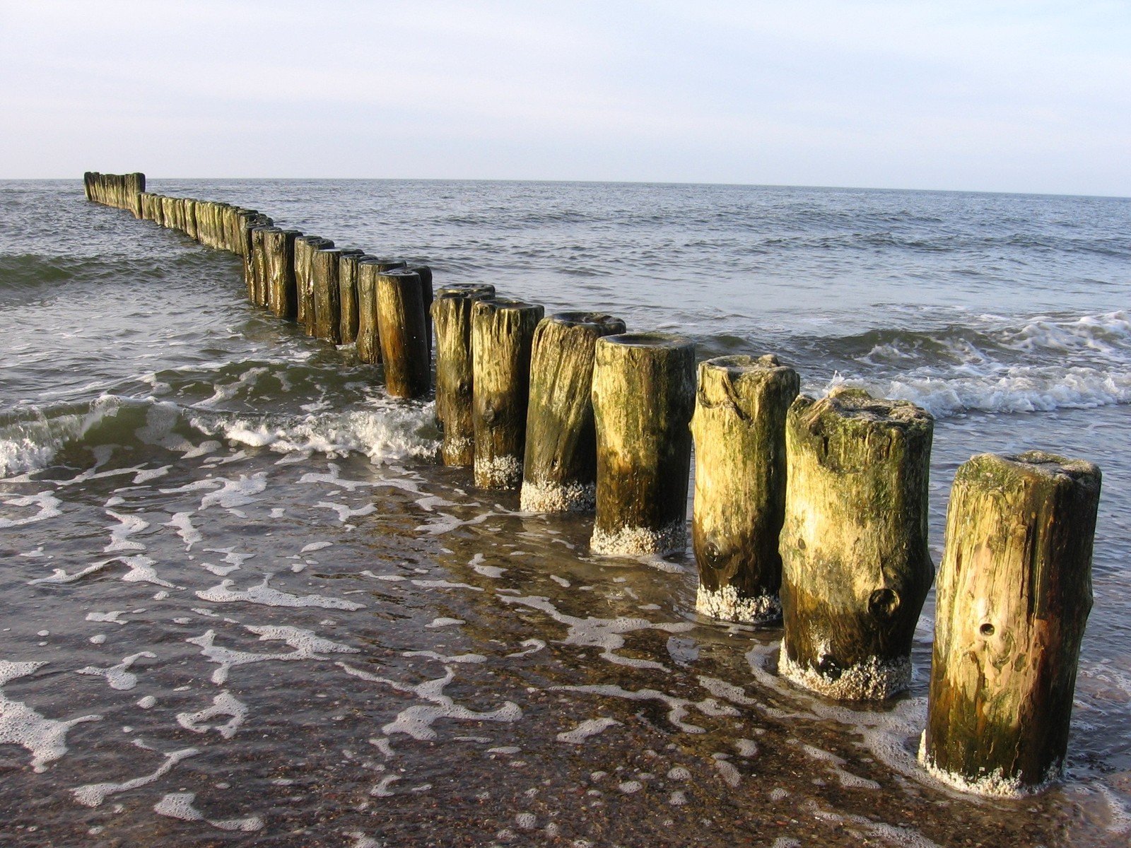 a wood post sticking out from the ocean waters