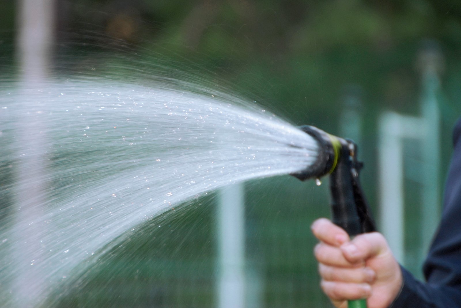 a person holding a hose with a water sprayer attached