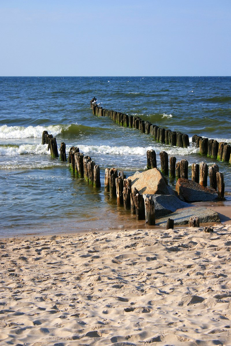 a man sitting on the beach next to a row of posts