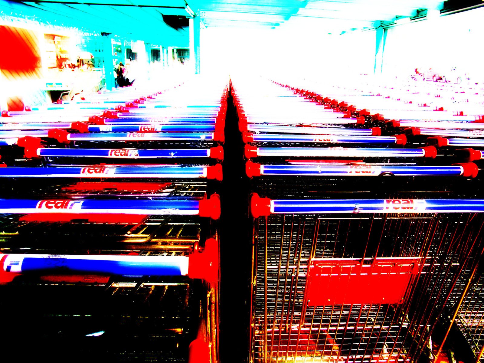 several baskets sit in a large warehouse line