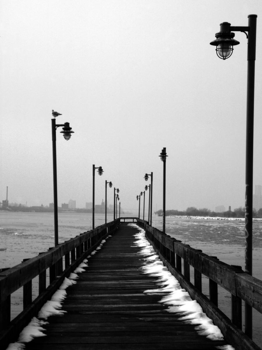 the view from the side of a pier shows the water and streetlights