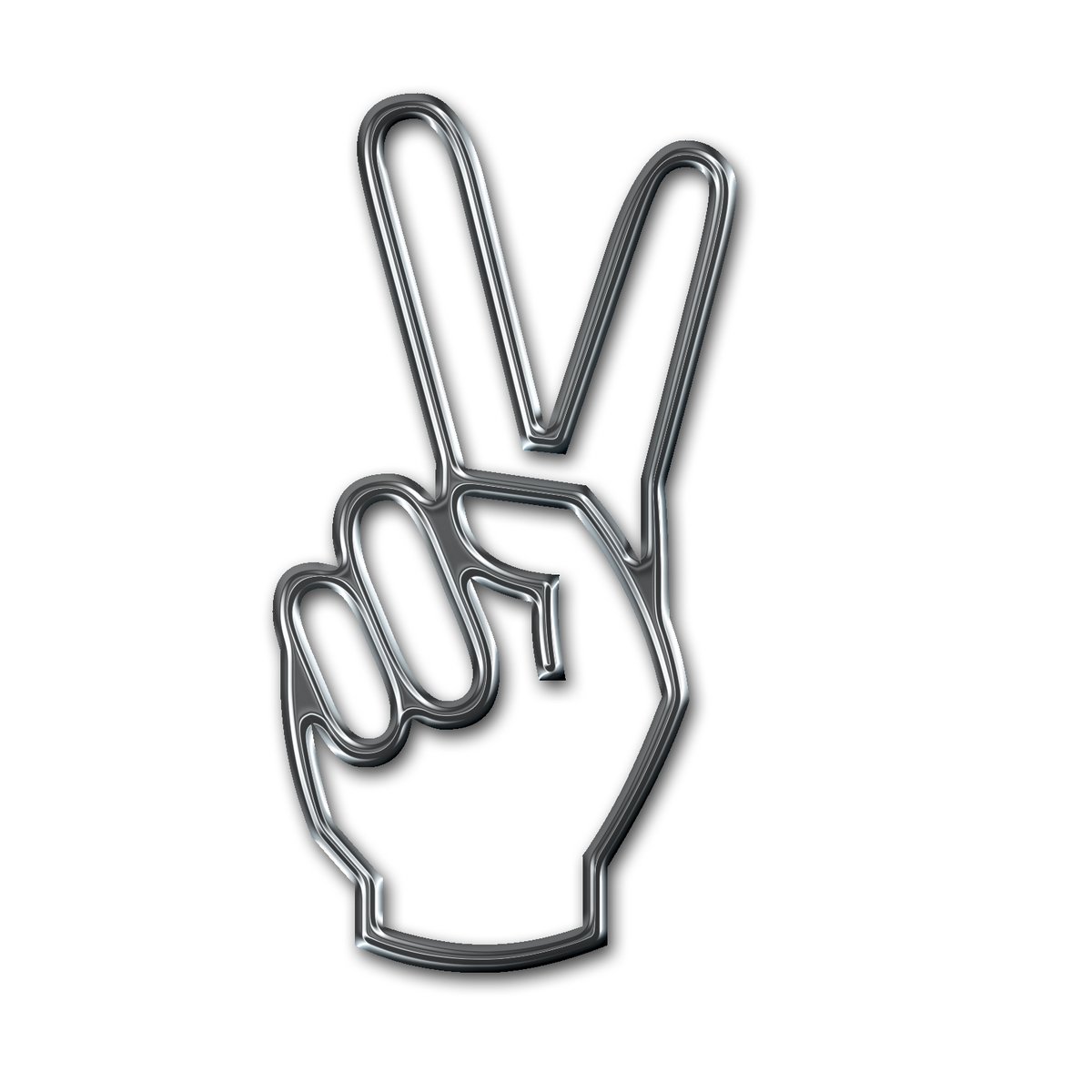 a metal peace sign in front of a white background