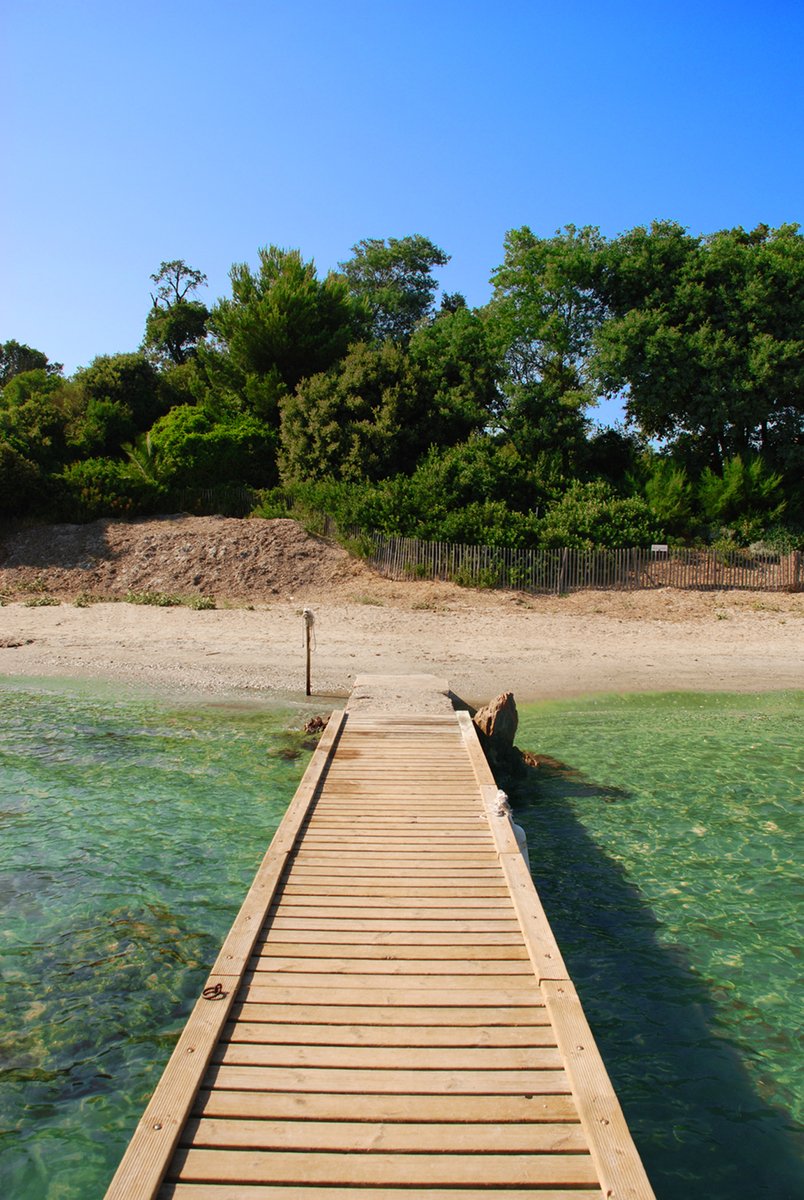 a wooden dock on the ocean with clear blue water