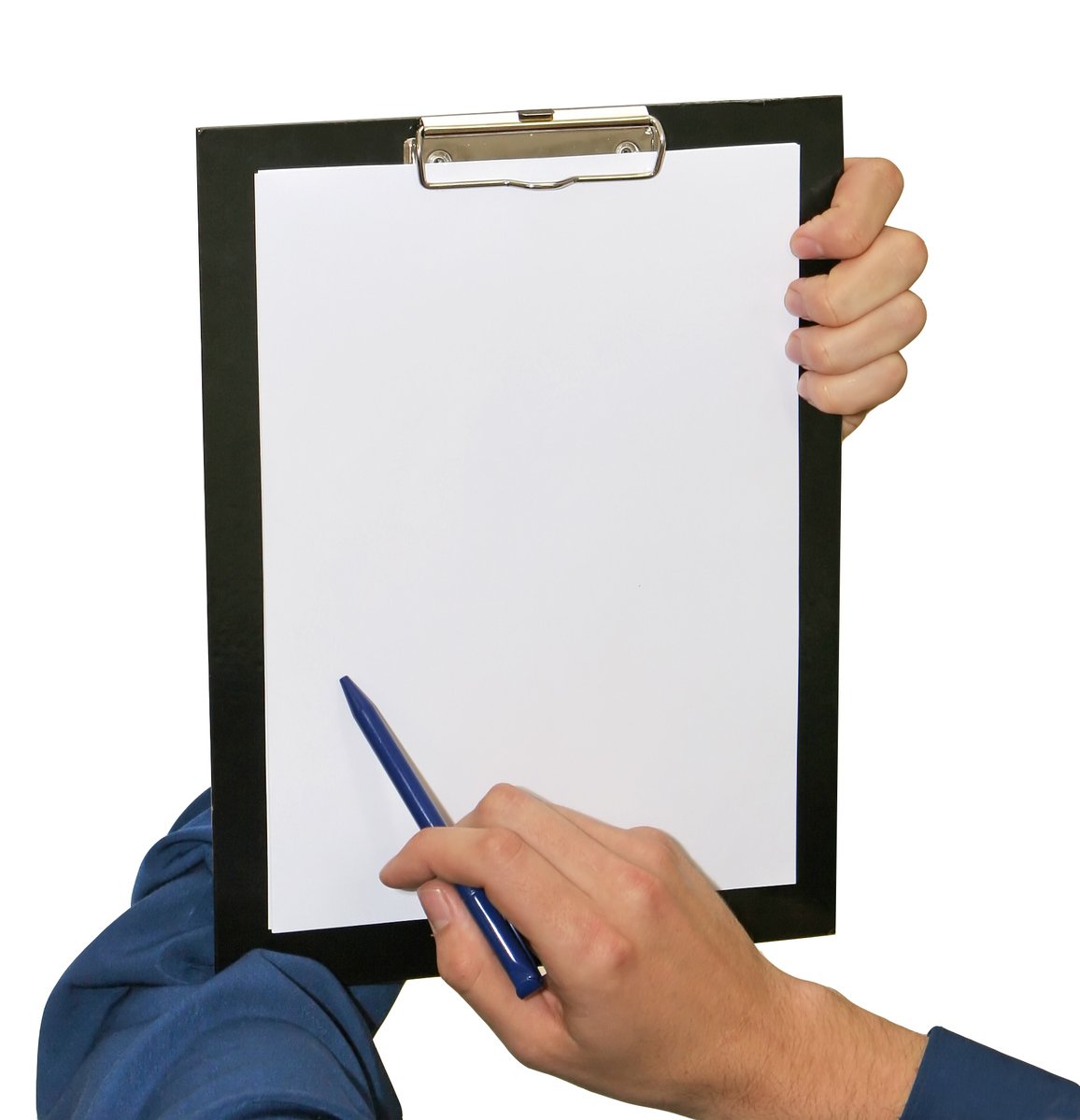person holding a clipboard and pen on a white background