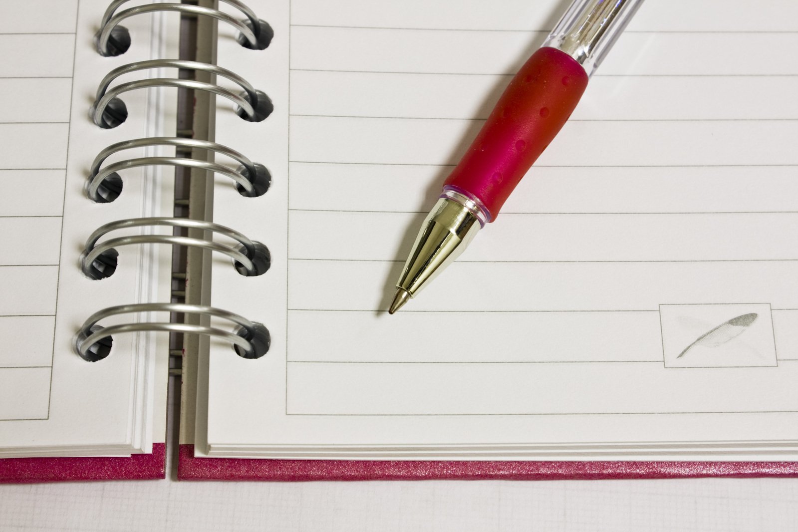 a red pen is on the pages of a spiral notebook