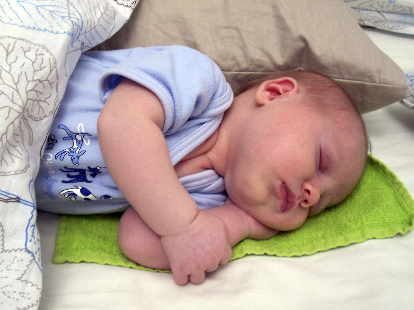 baby asleep on a blanket with pillows in the bed