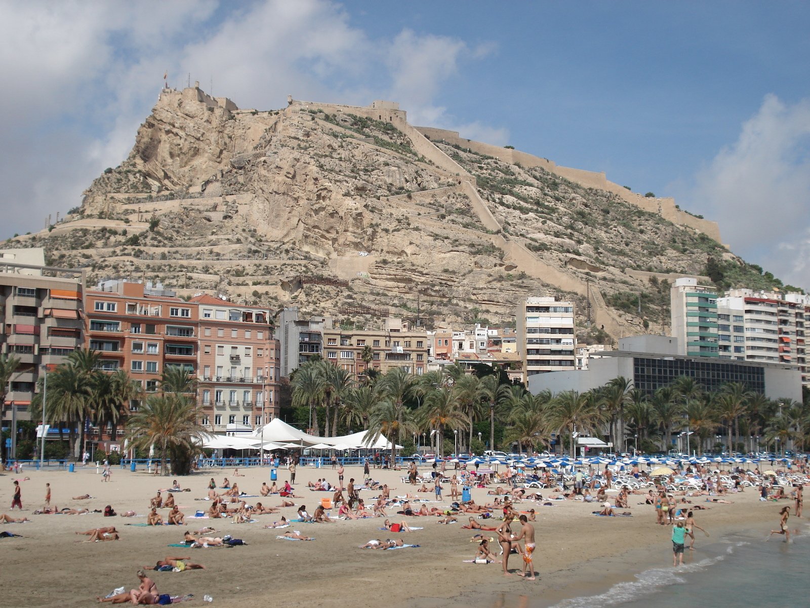 a number of people on a beach near a hill