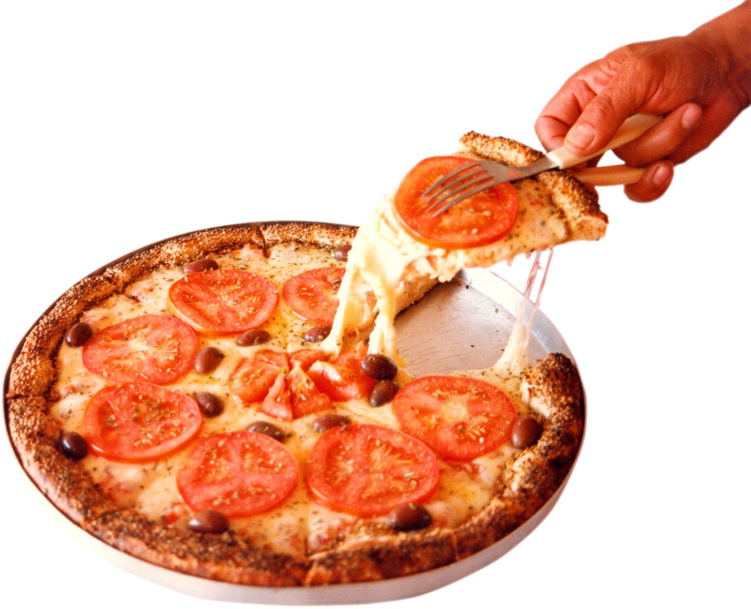 a person holding a pizza with melted cheese on it