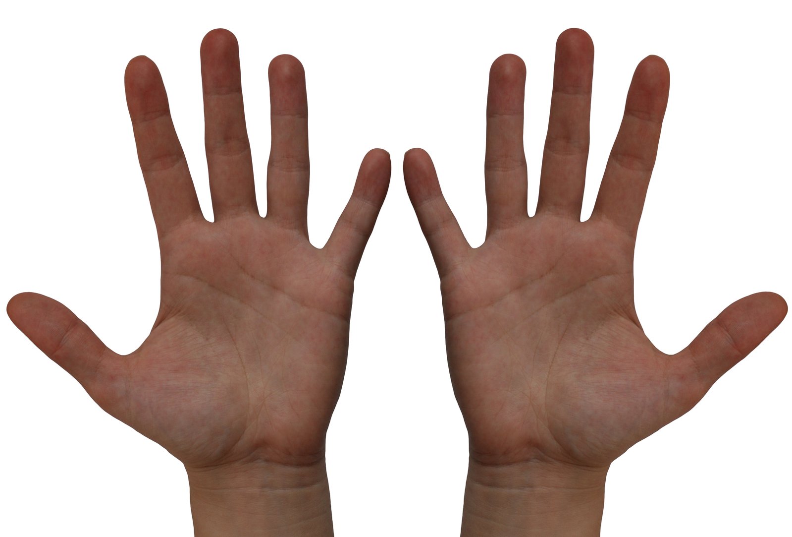 two hands are held open up in front of white background