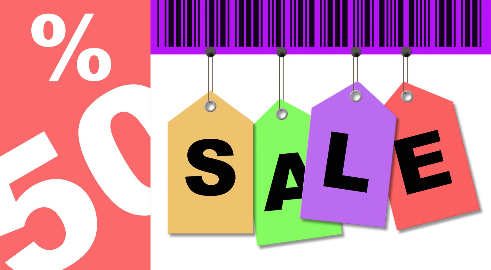 sale tags on colorful background with bar code