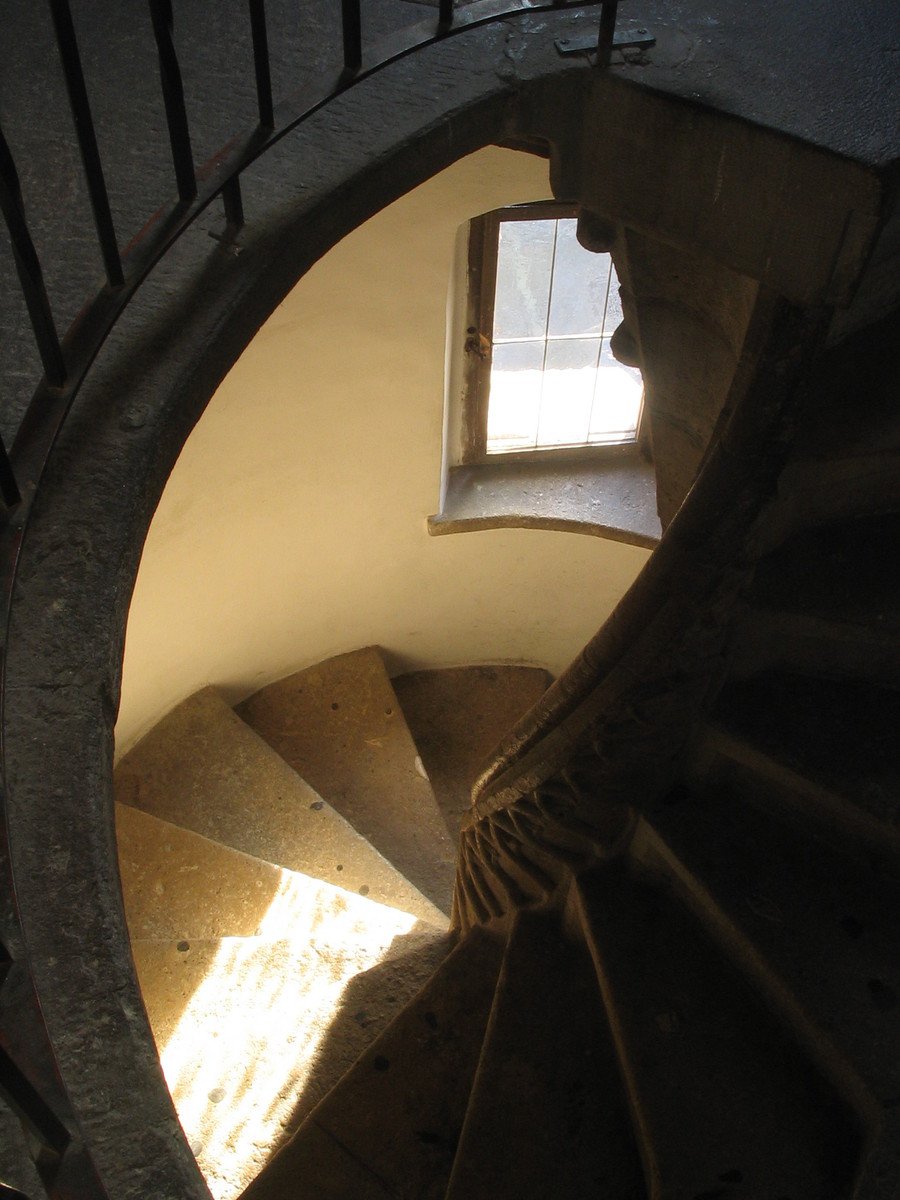 the inside of a spiral stair case