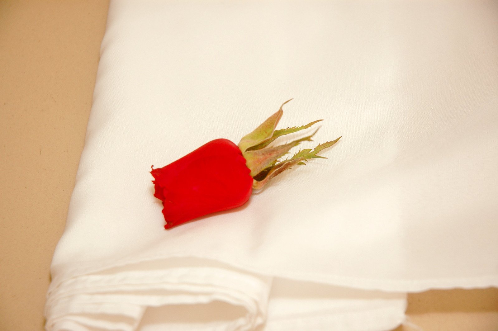 a single rose is pinned to a napkin