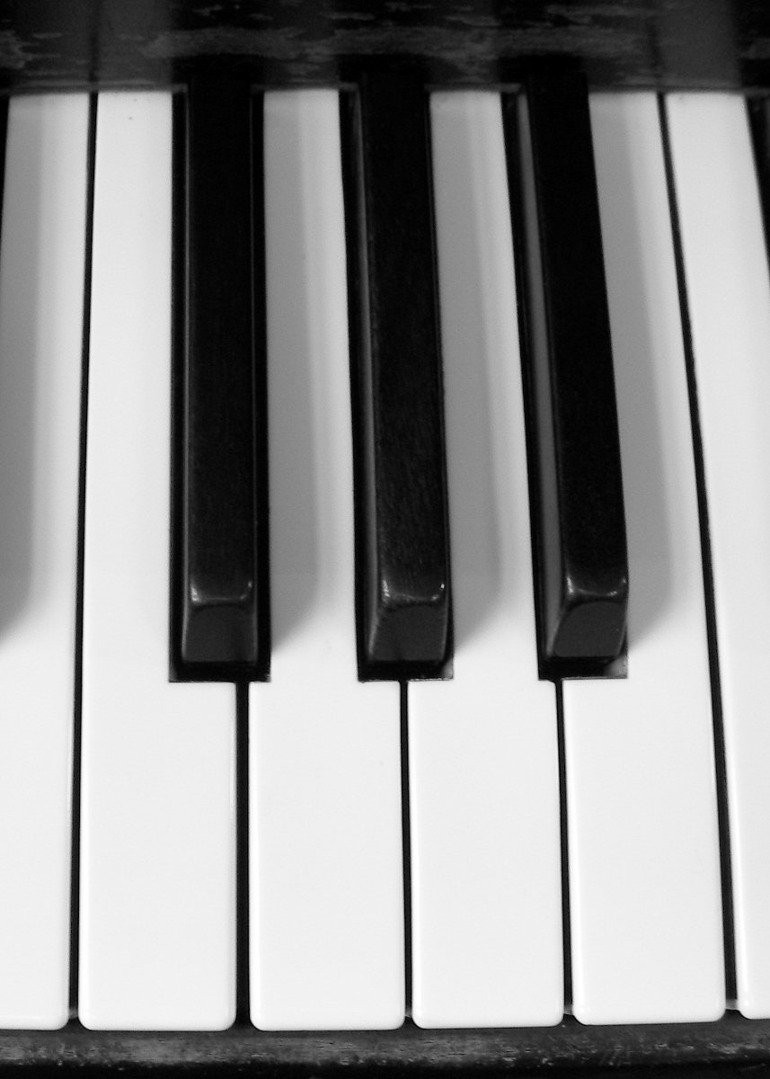 a piano keyboard is shown in black and white