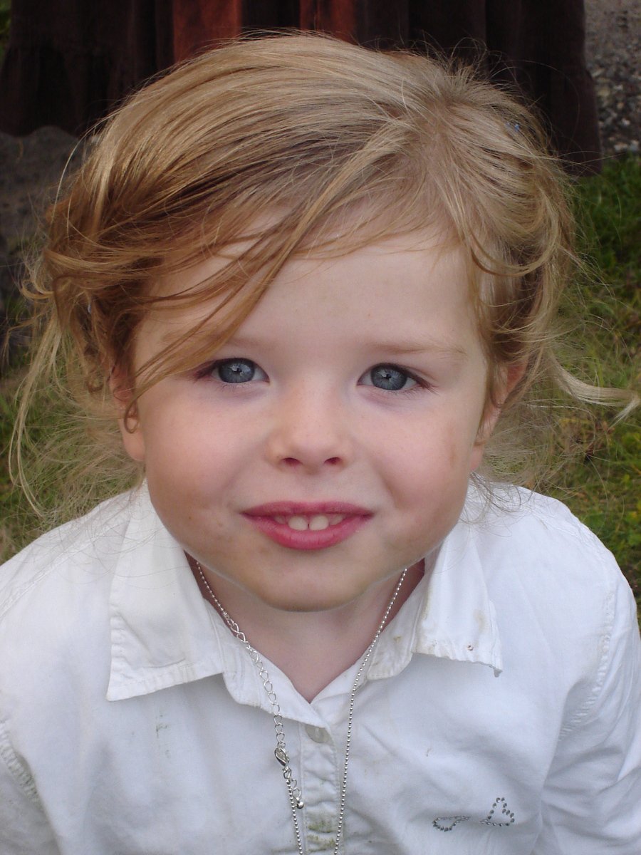 a small child with blond hair looks at the camera