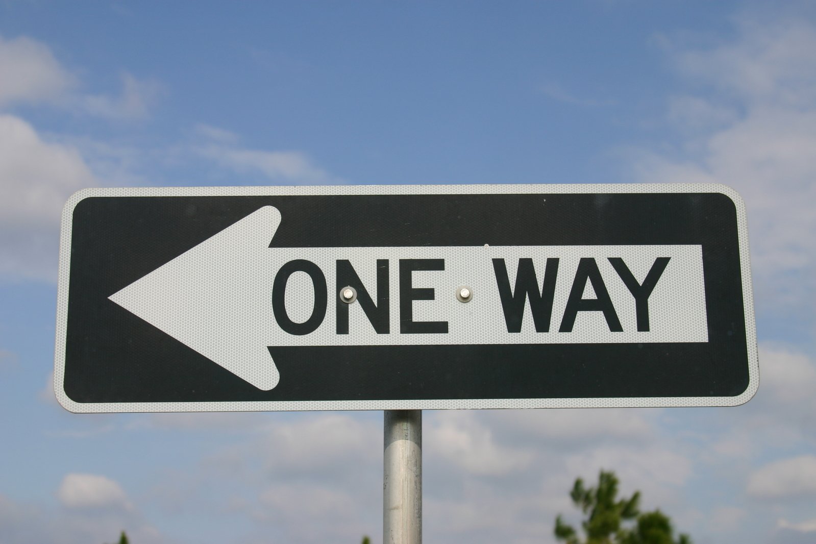 a one way sign in front of some trees