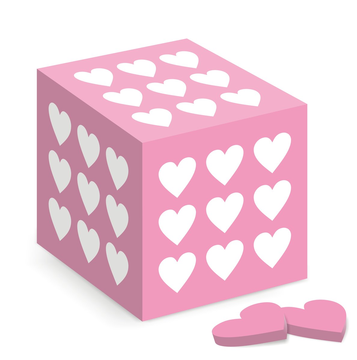 pink dice with white hearts on it