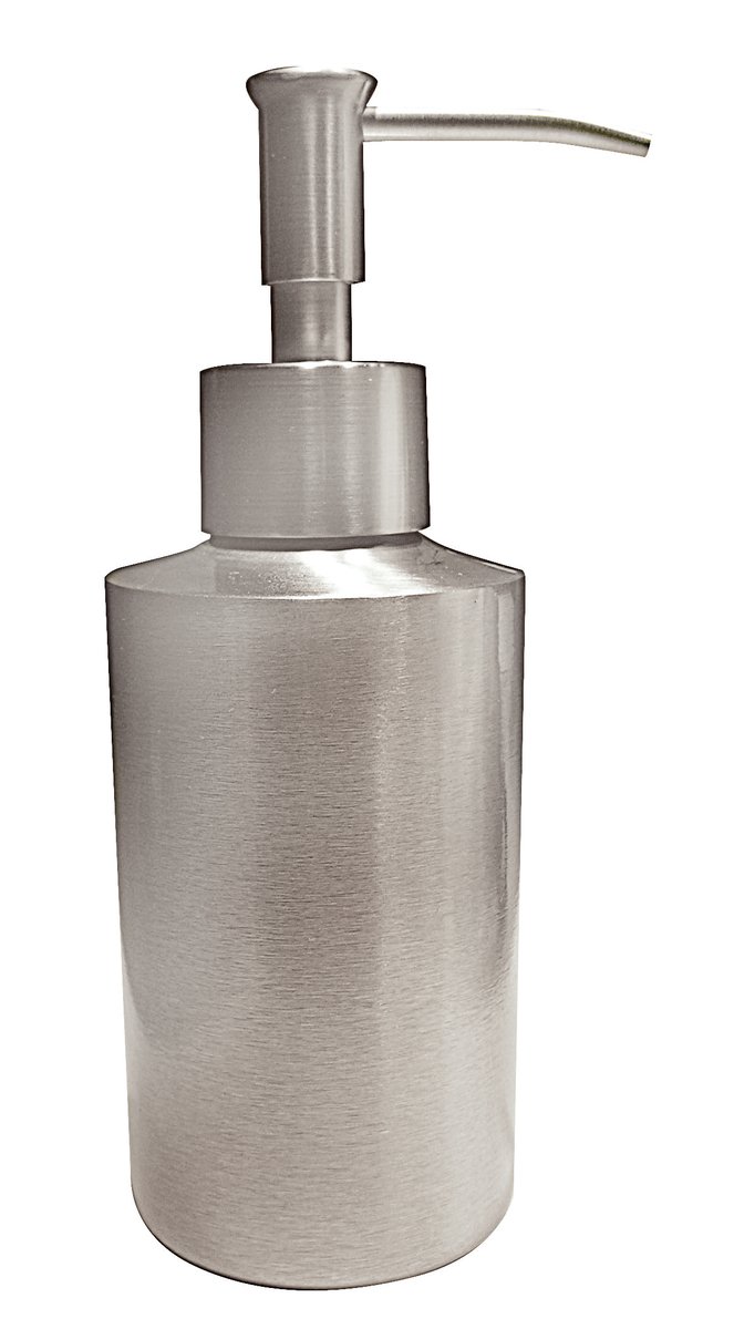 a silver hand sanitizer sitting on top of a white background