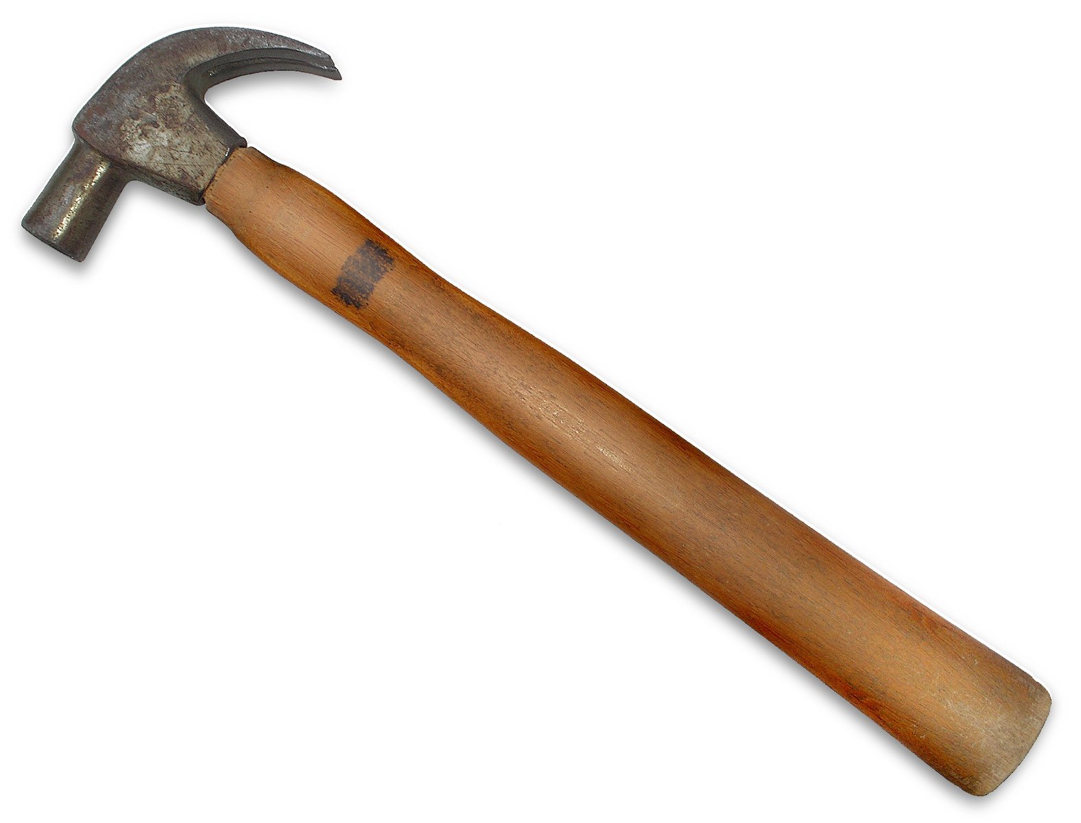 an old hammer sits upright on a white background